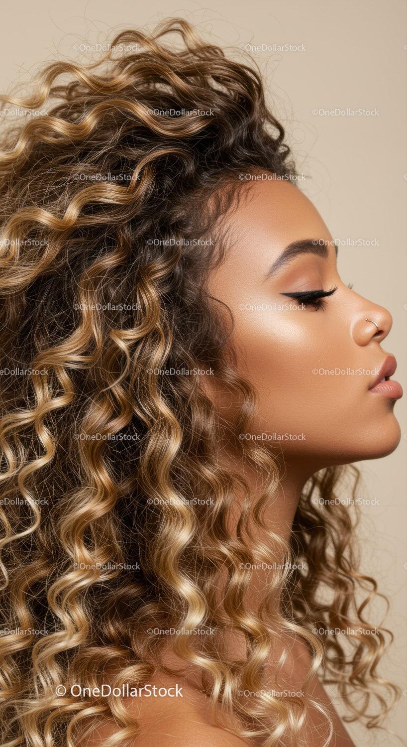 Profile of woman with voluminous curly highlighted hair
