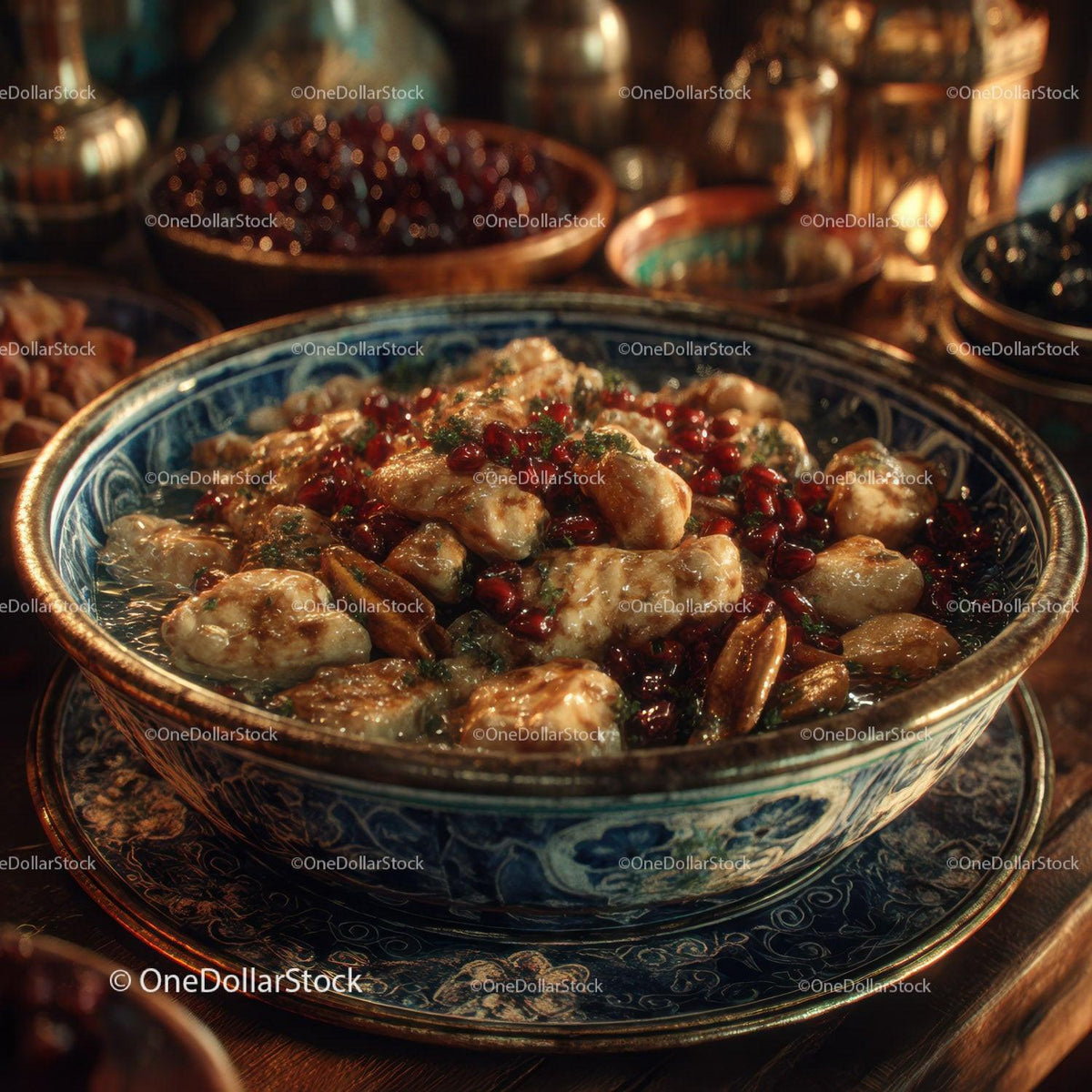 Moroccan Chicken and Pomegranate Tagine in Ornate Ceramic Dish