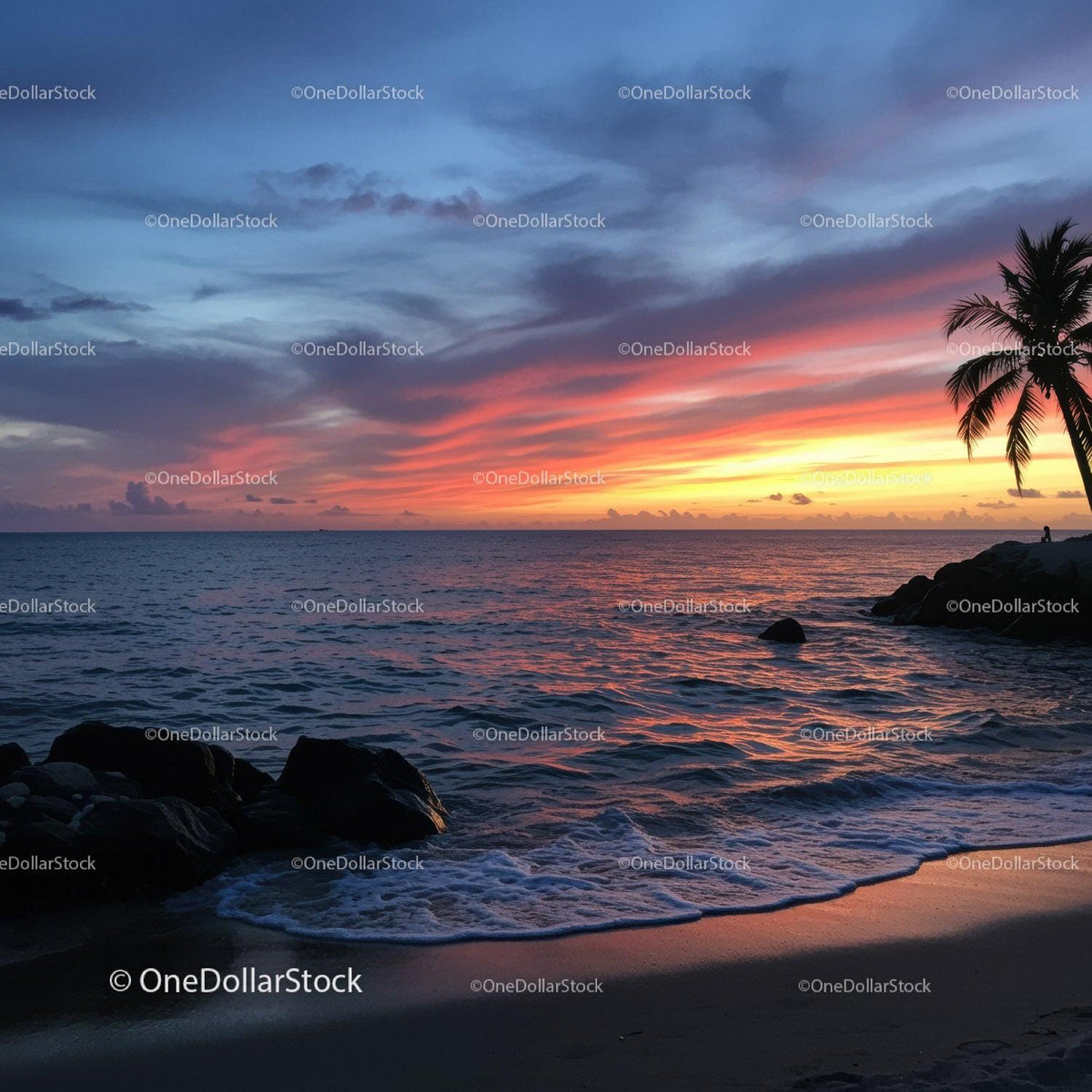 Serene Sunset over Tropical Beach with Palms and Colorful Sky