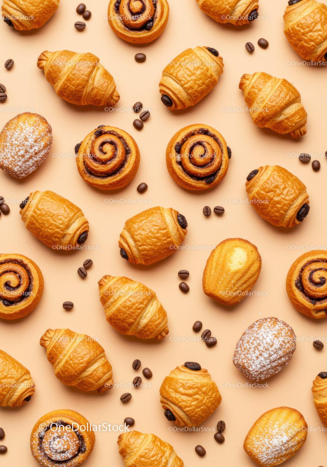 Assorted Fresh Pastries and Coffee Beans on Beige Background
