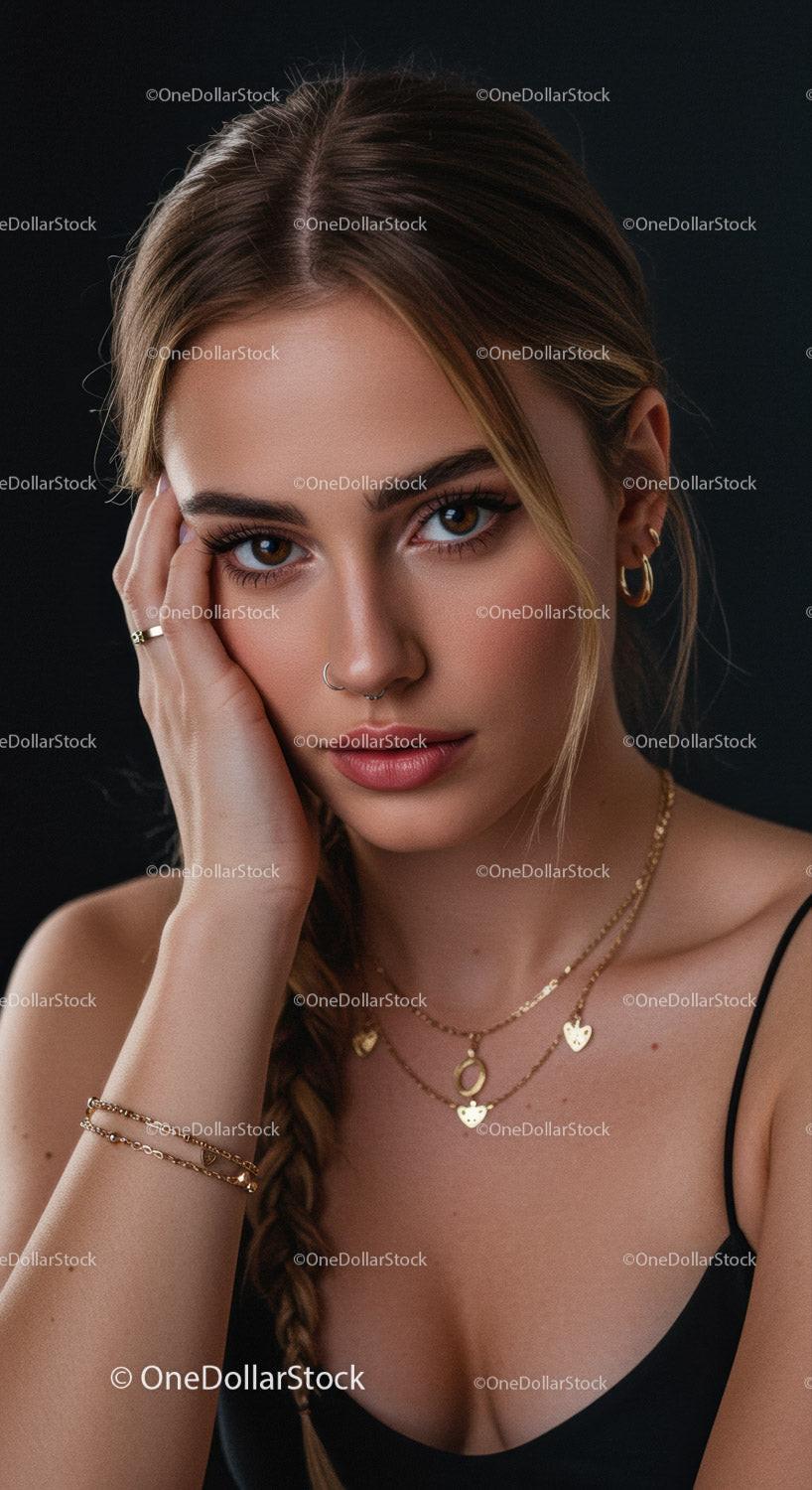 Portrait of a Young Woman with Gold Jewelry and Striking Facial Features