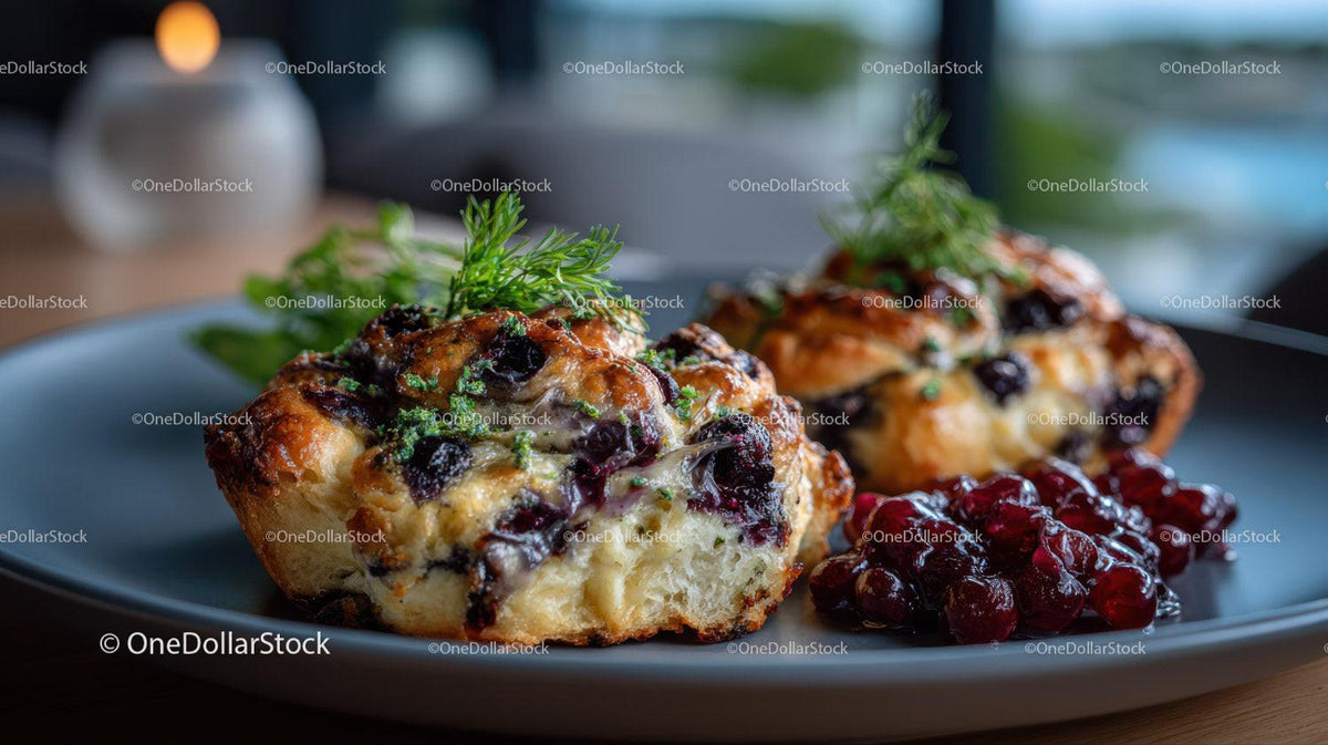 Blueberry Muffins with Fresh Blueberry Topping and Garnish