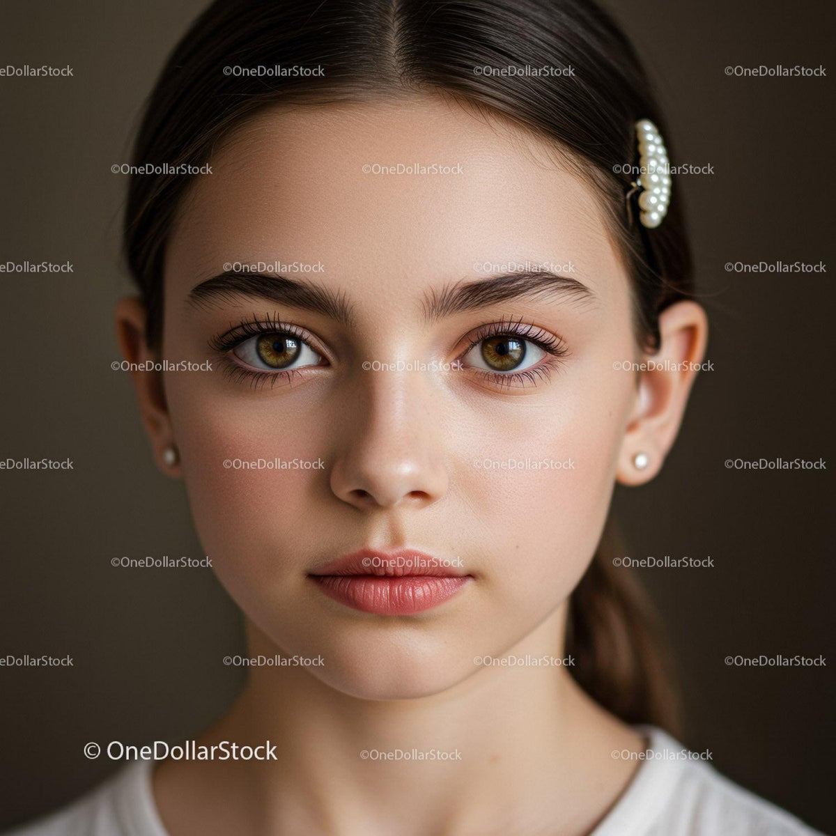 Elegant Young Woman with Hazel Eyes and Pearl Hair Clip