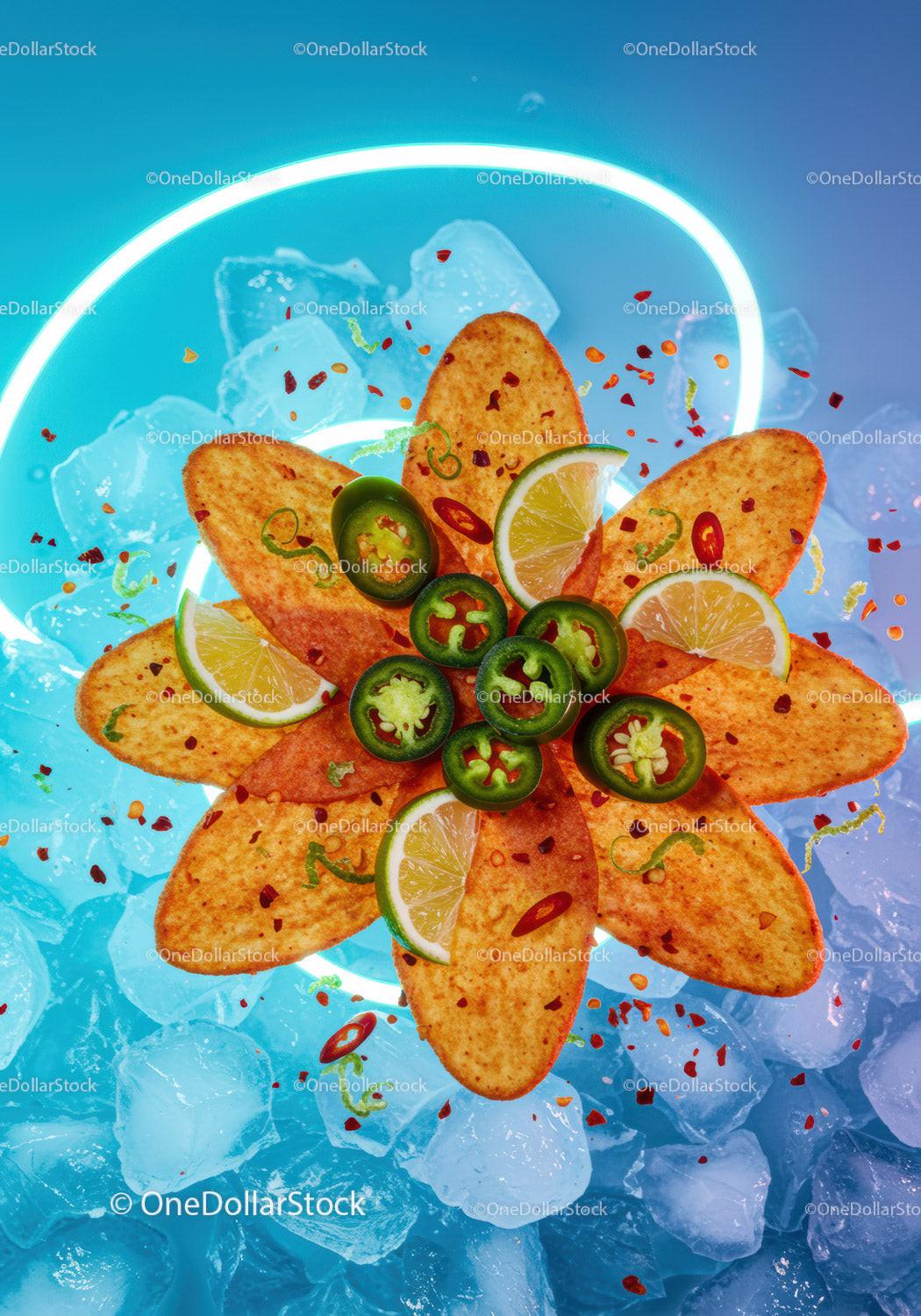 Spicy chips with jalapenos and lime on ice