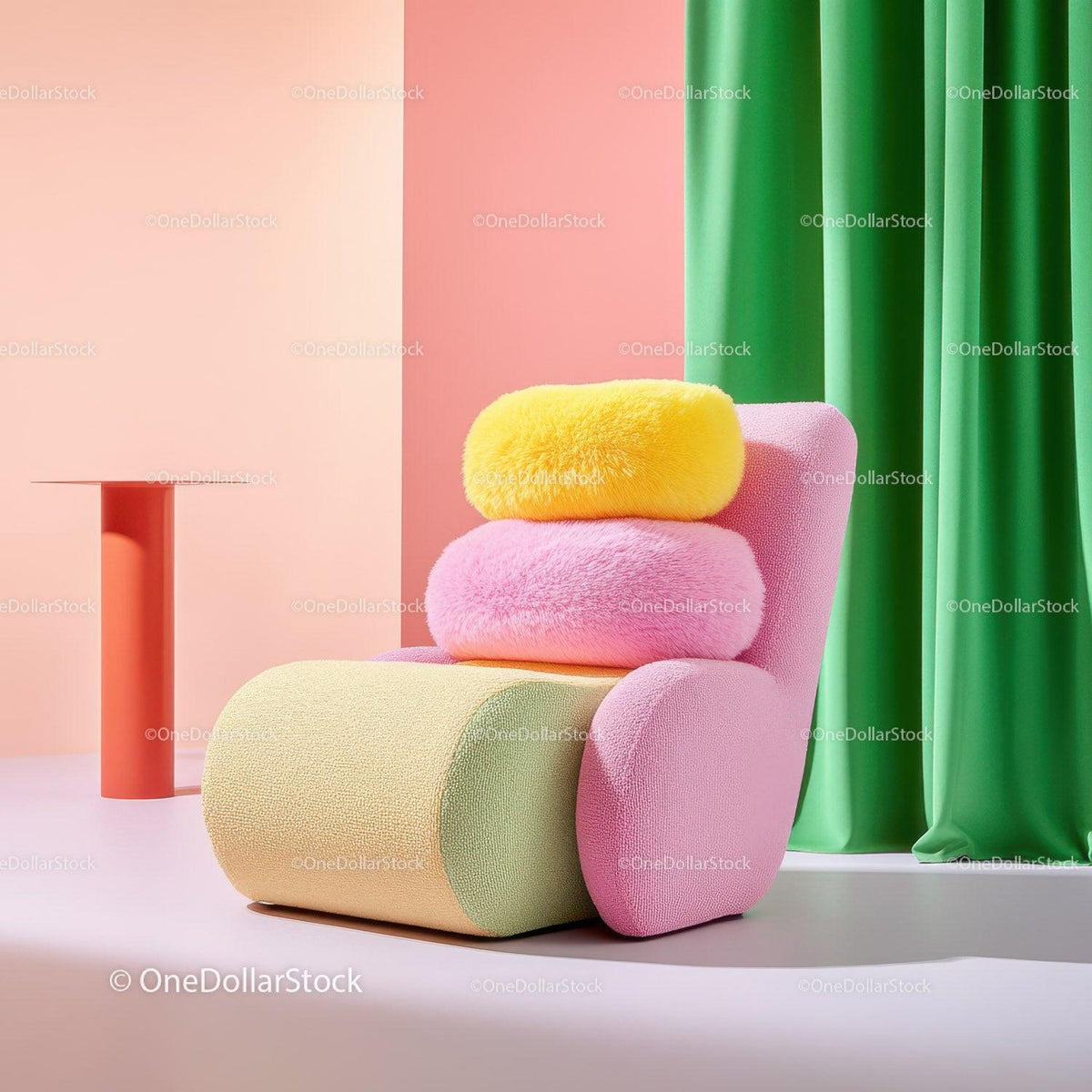 stock photo bundle made with Bright Pink Armchair with Lime Green Cushion and Yellow Ottoman in Modern Living Room Stock Photo Bundle