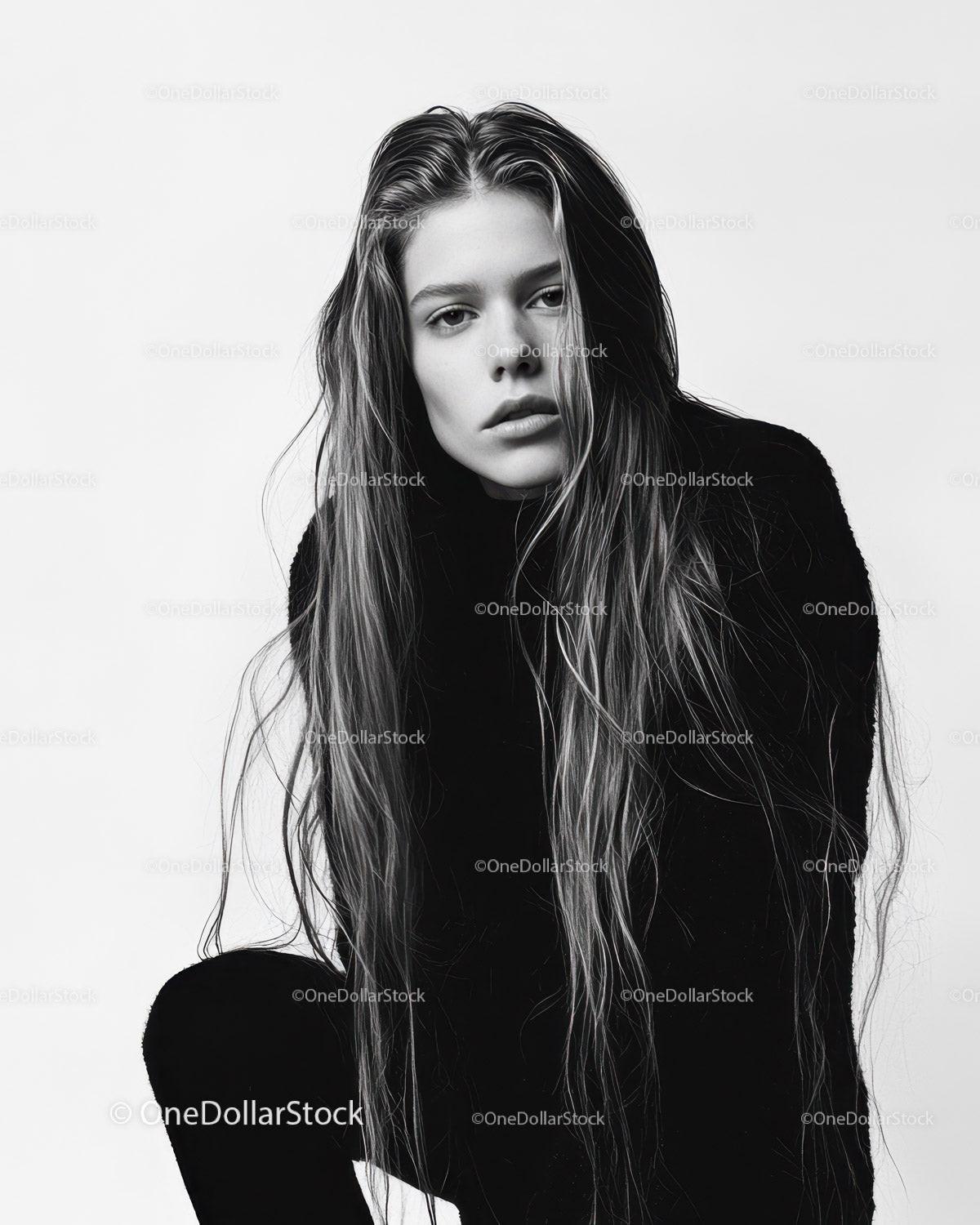 Black and White Fashion Portrait of a Young Woman with Wavy Hair