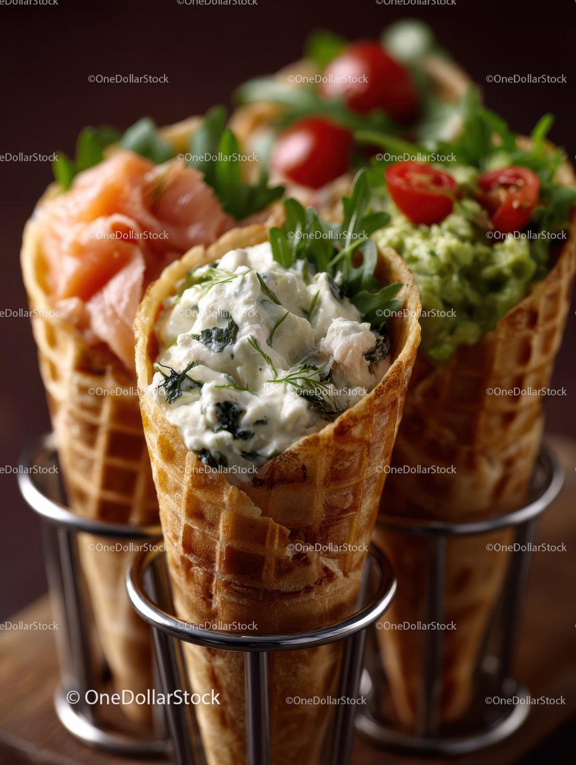 Assorted Ice Cream Cones with Fresh Fruit and Herbs on Wicker Holder