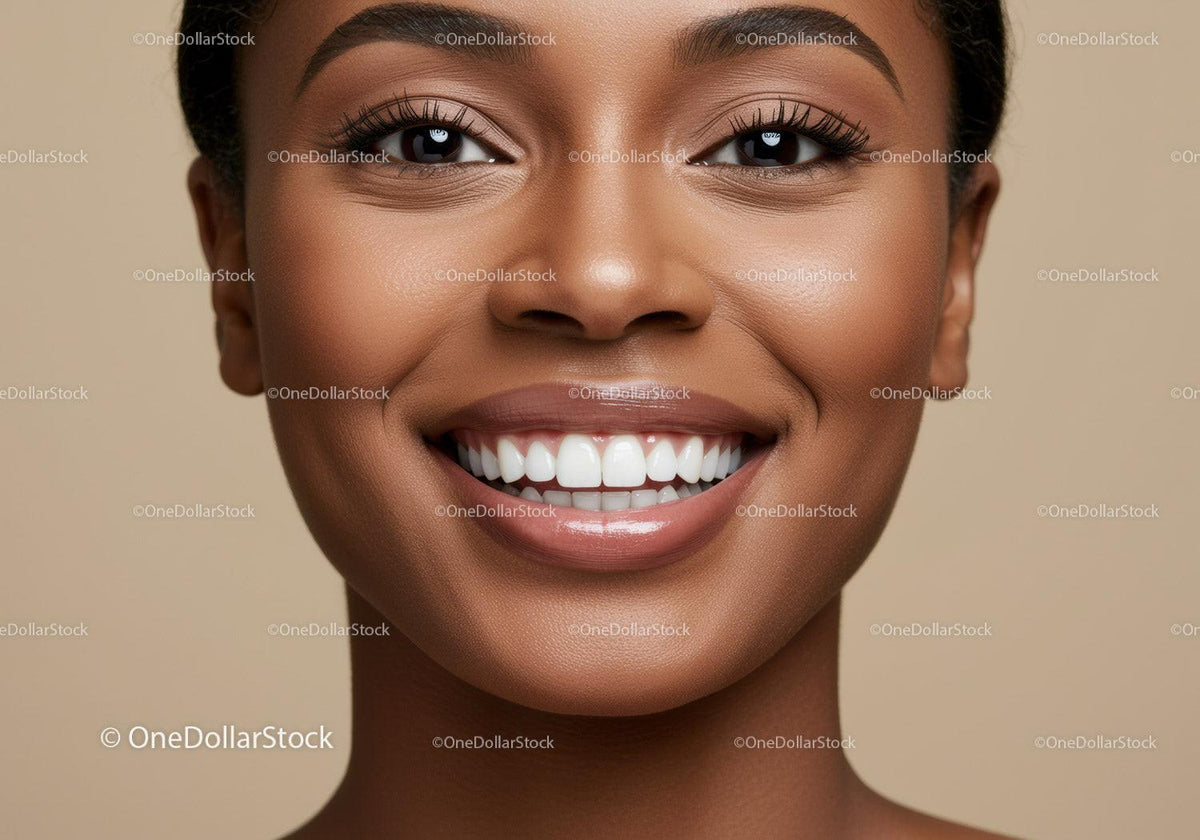 Closeup of smiling woman with flawless skin and teeth