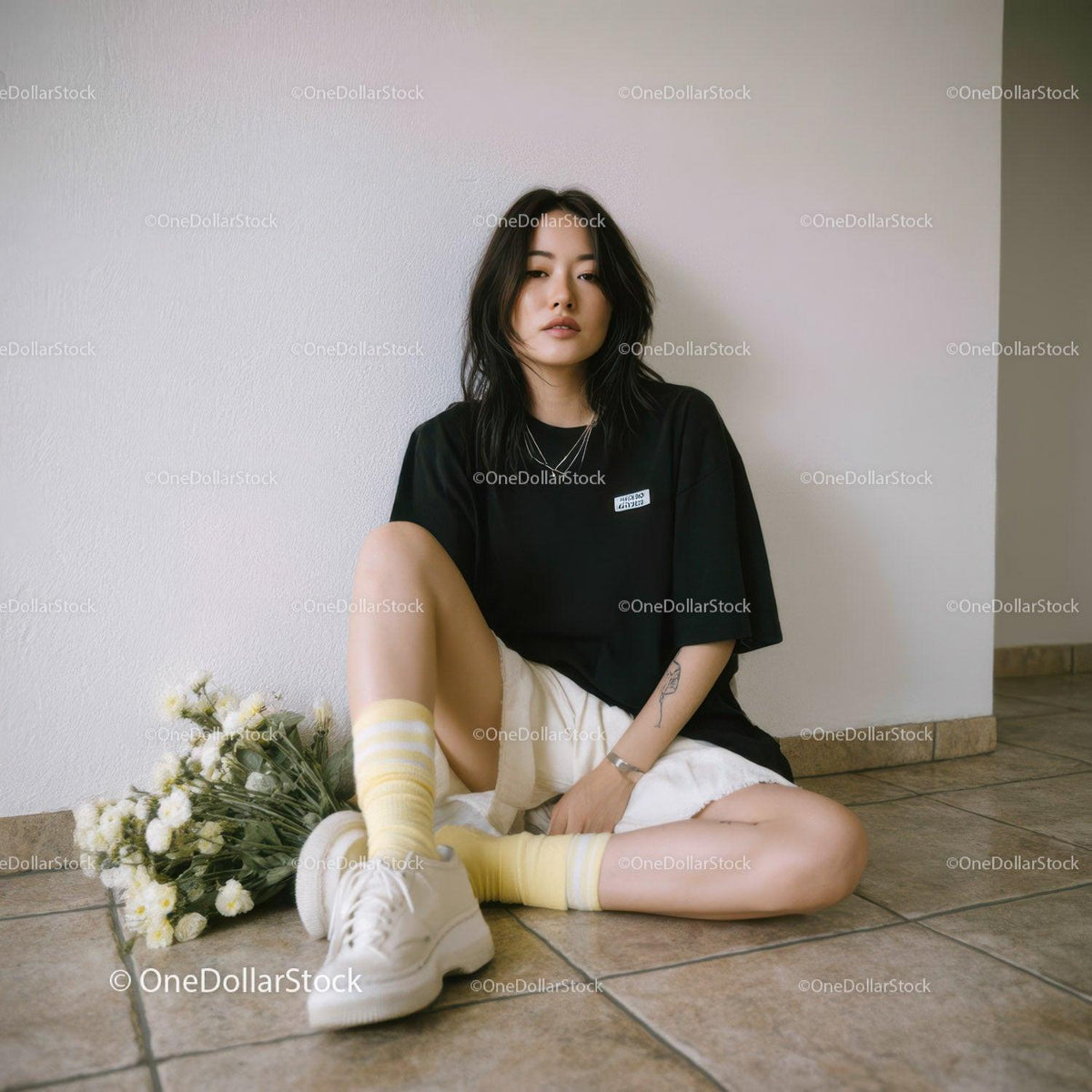 Fashionable Young Woman Sitting on Floor with Flowers and Casual Outfit
