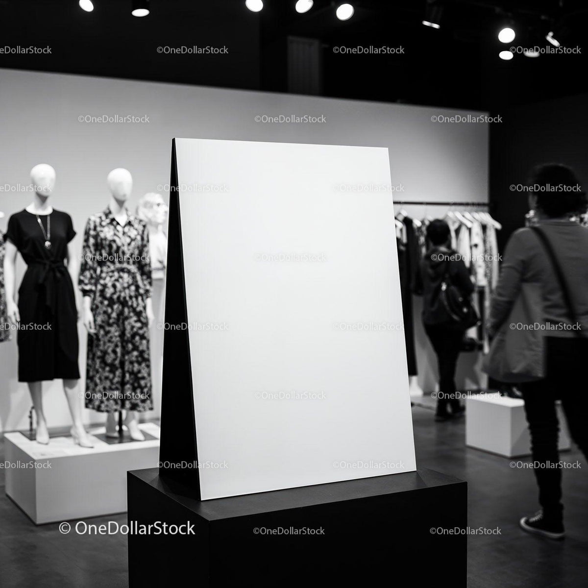 Blank Poster on Stand in Modern Fashion Boutique JPG Mockup Image preview