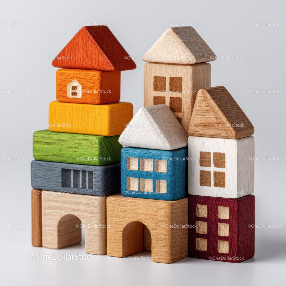 Stack of colorful wooden toy blocks shaped like houses with windows and arches on gray background