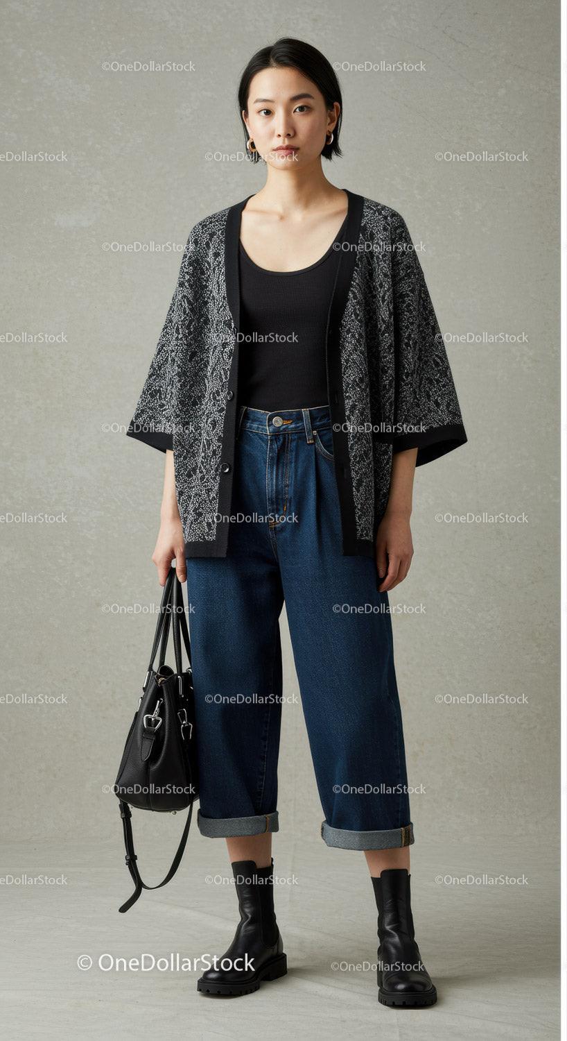 Stylish Young Woman in Casual Fashion with Animal Print Cardigan and Wide Leg Jeans