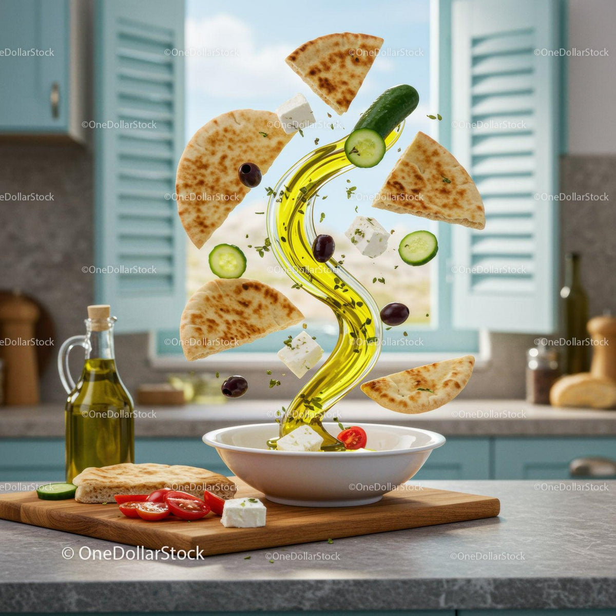 Mediterranean Ingredients Floating Over White Bowl