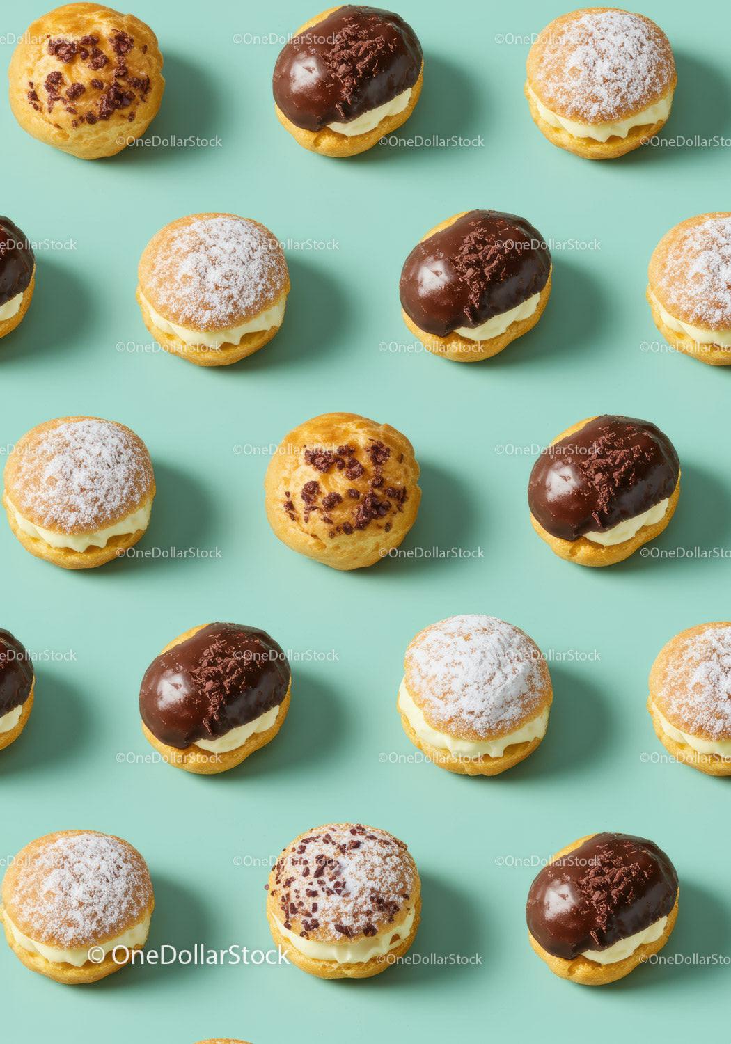 Assorted cream-filled profiteroles on pastel background