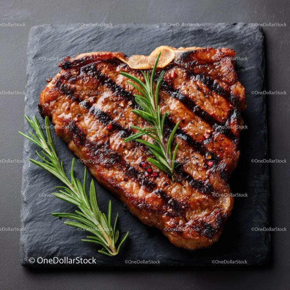 Gourmet Grilled Steak with Rosemary on Black Slate Plate Stock Photo Bundle preview