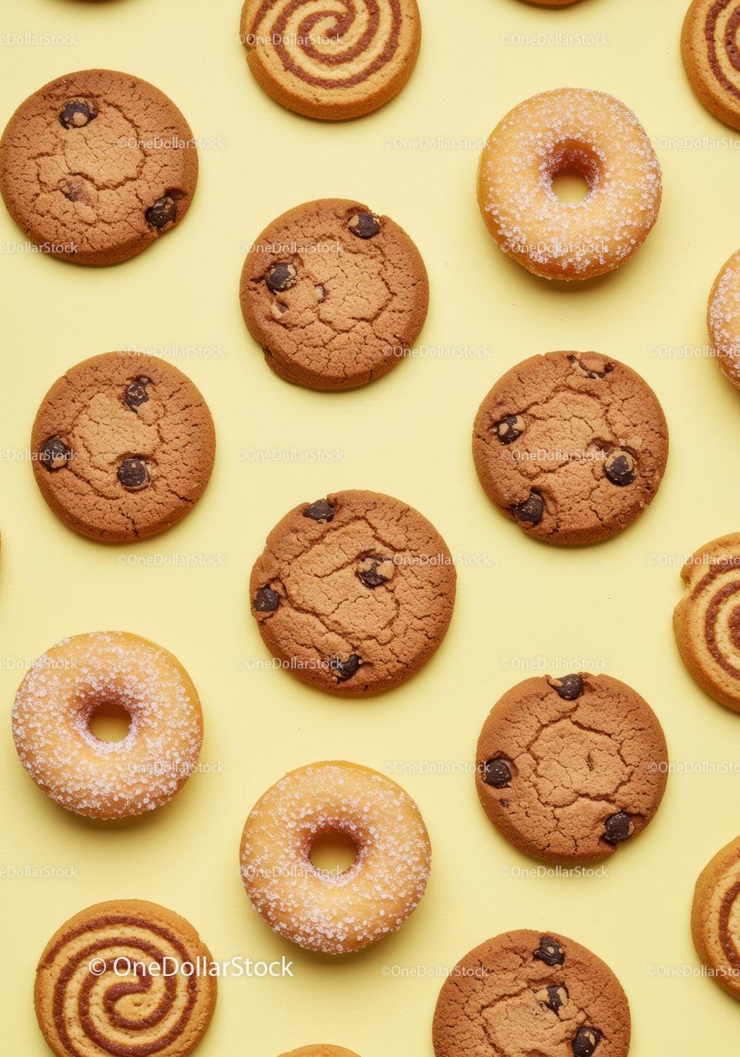 Assorted Cookies and Donuts on Yellow Background