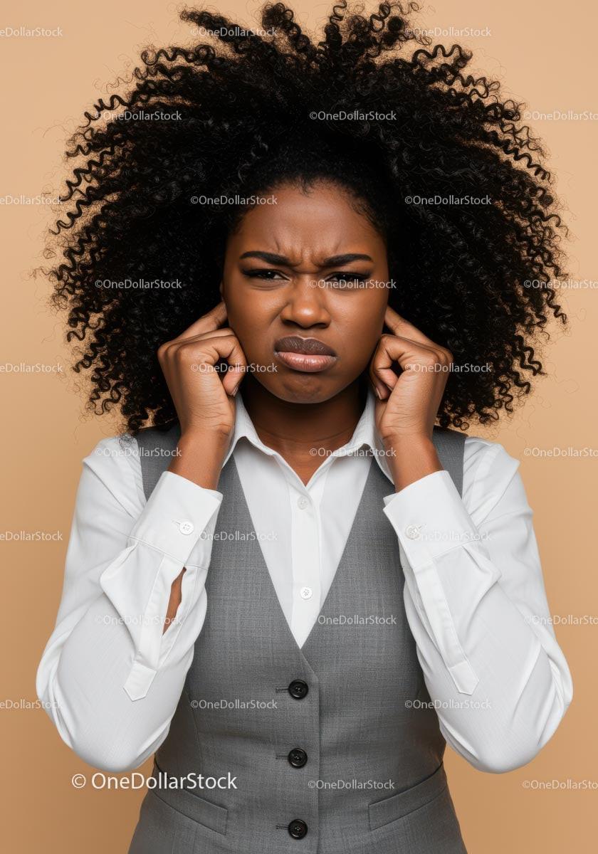 Frustrated Woman Covers Ears Against Noise in Business Attire Stock Photo Bundle preview 21