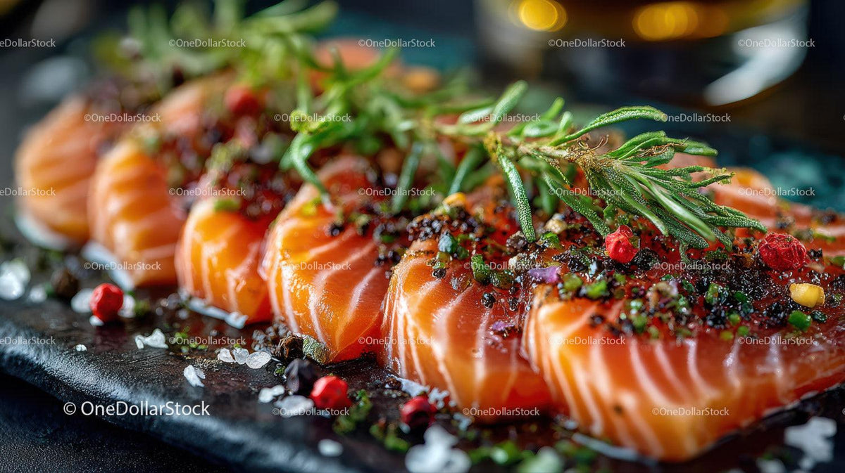 stock photo bundle made with Fresh Sliced Smoked Salmon with Herbs and Sea Salt on Black Plate Stock Photo Bundle