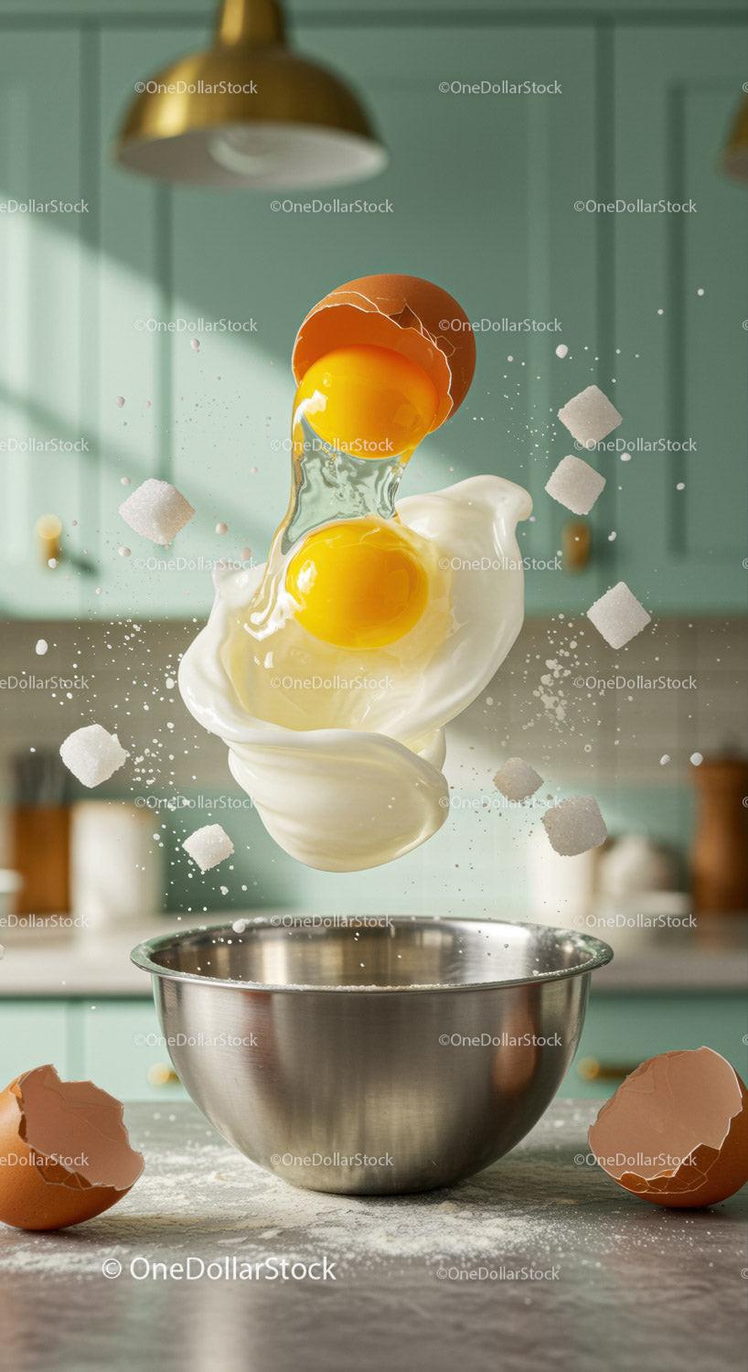 Fresh eggs cracking into bowl with flying sugar cubes