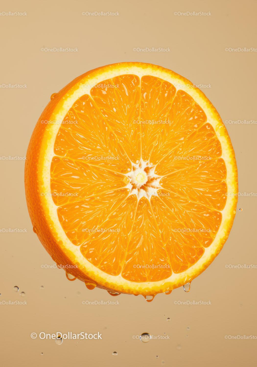 Fresh Orange Slice with Water Drops on Neutral Background