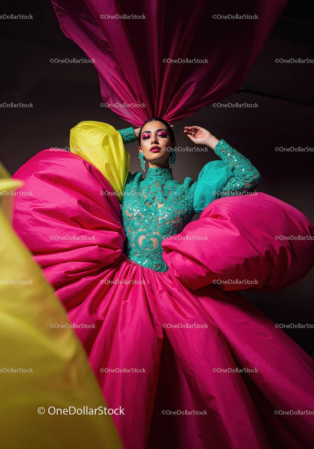 Fashion Model in Vibrant Pink and Yellow Flowing Gown Stock Photo Bundle preview 6