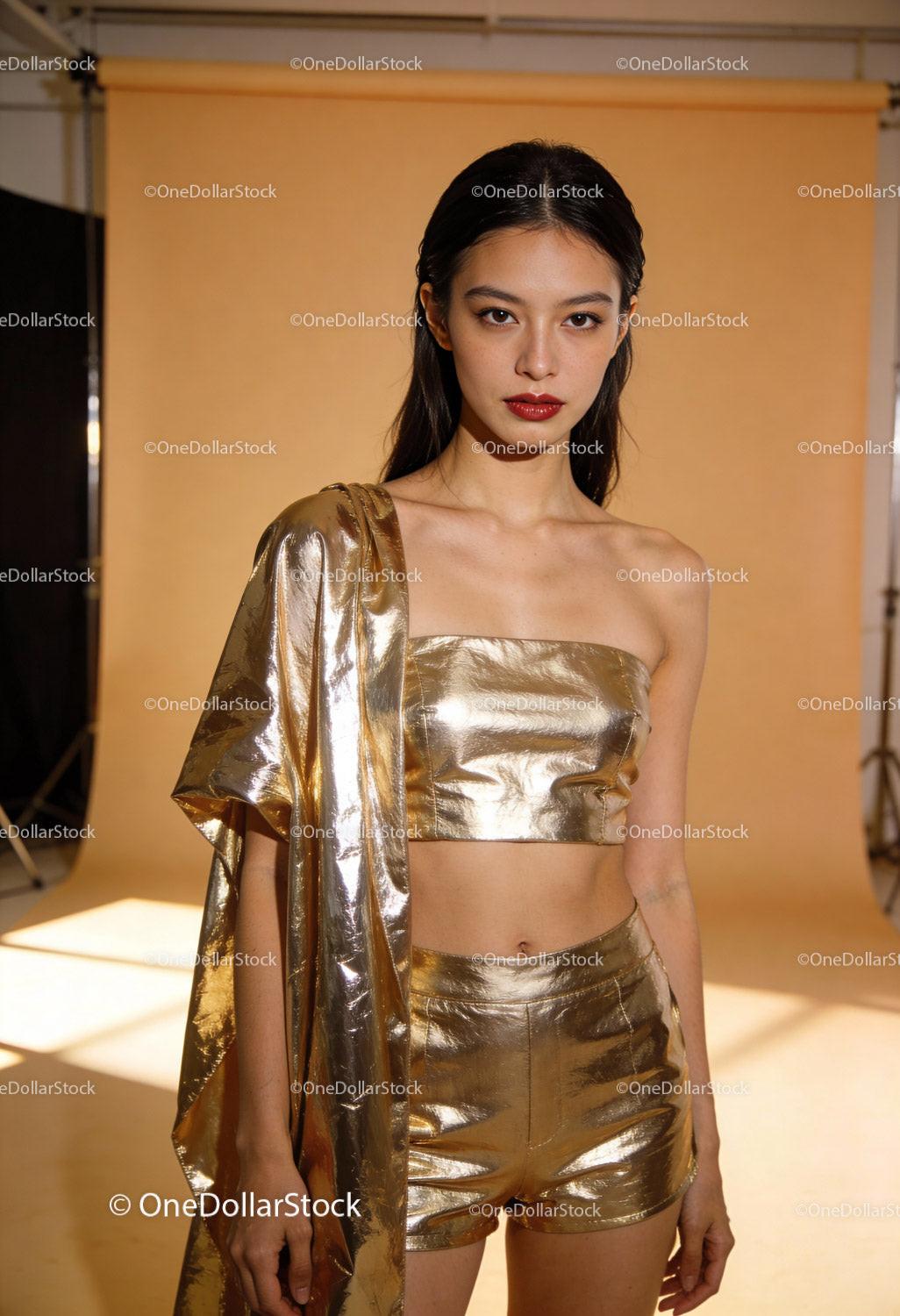 Confident woman in shiny gold outfit in studio