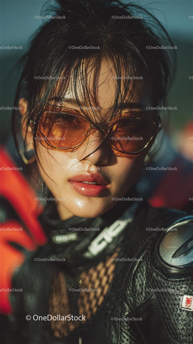 Confident Female Rider in Sunglasses with Motorcycle Gear Stock Photo Bundle preview