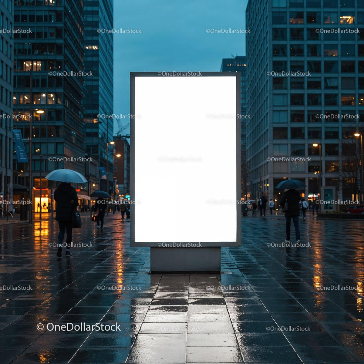 Illuminated advertising board in rainy urban street JPG Mockup Image preview