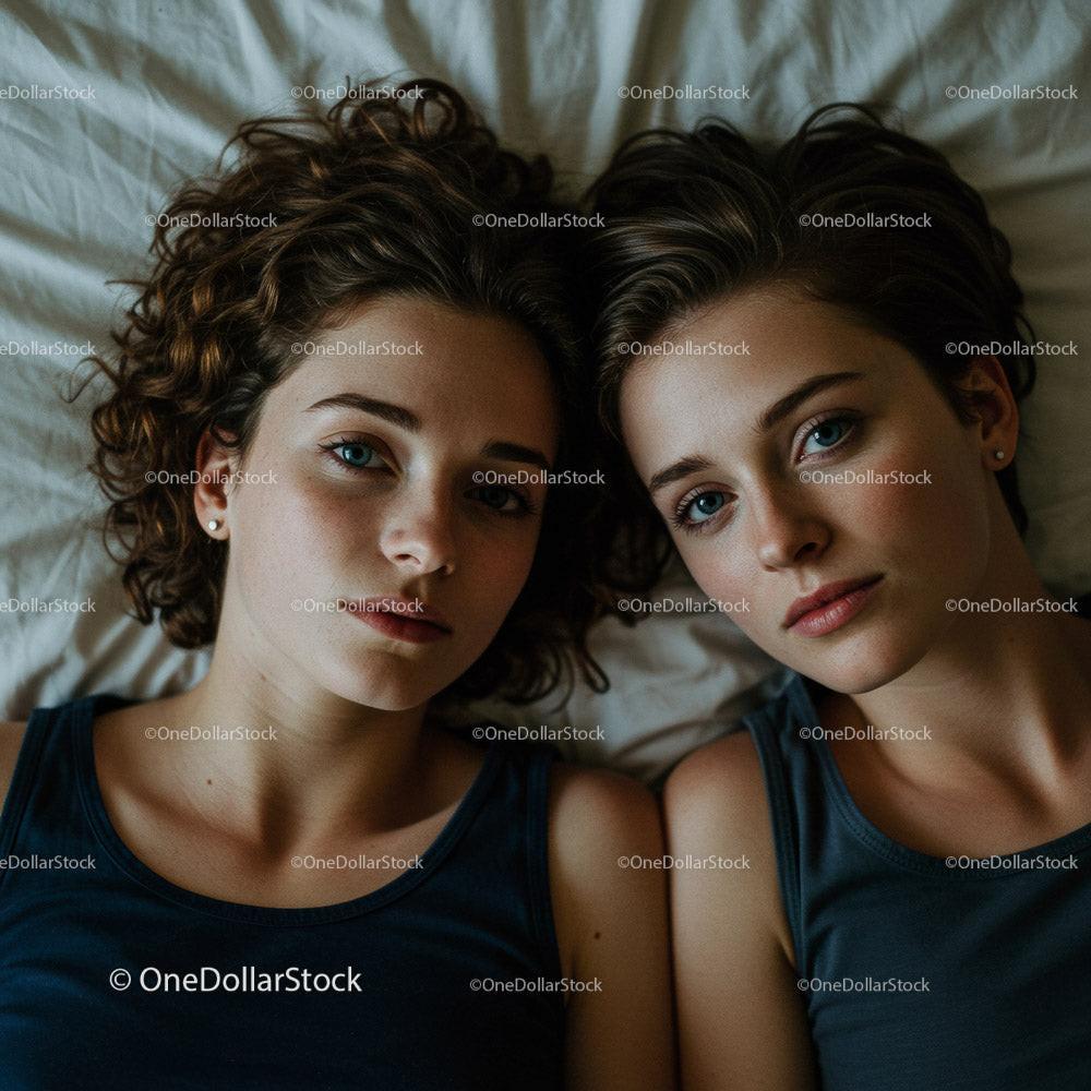 stock photo bundle made with Two Young Women Relaxing Together in a Cozy Bedroom Setting Stock Photo Bundle