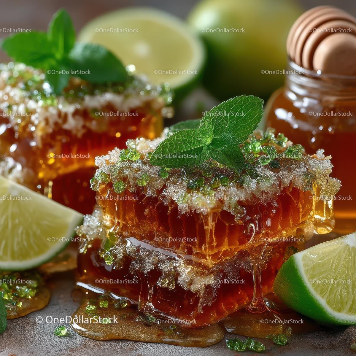 Delicious Honeycomb with Fresh Lime and Mint Leaves Stock Photo Bundle preview 27