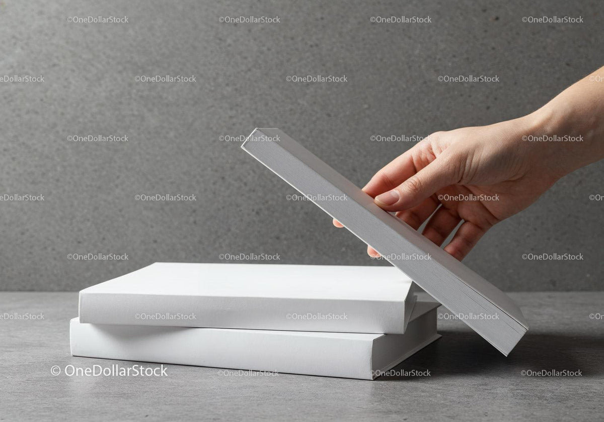 Hand Picking a Book from a Stack on Gray Surface JPG Mockup Image preview