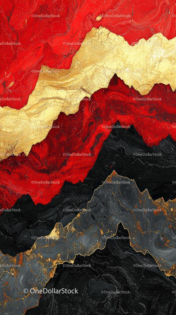 Abstract Marbled Texture with Gold Accents in Red Black and Beige