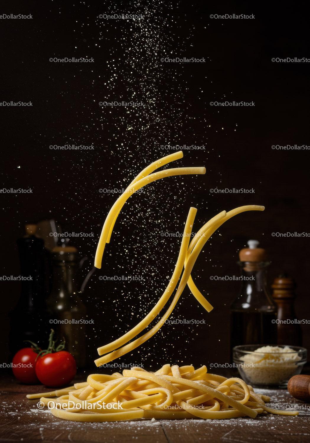 Fresh pasta strands falling with flour in rustic kitchen
