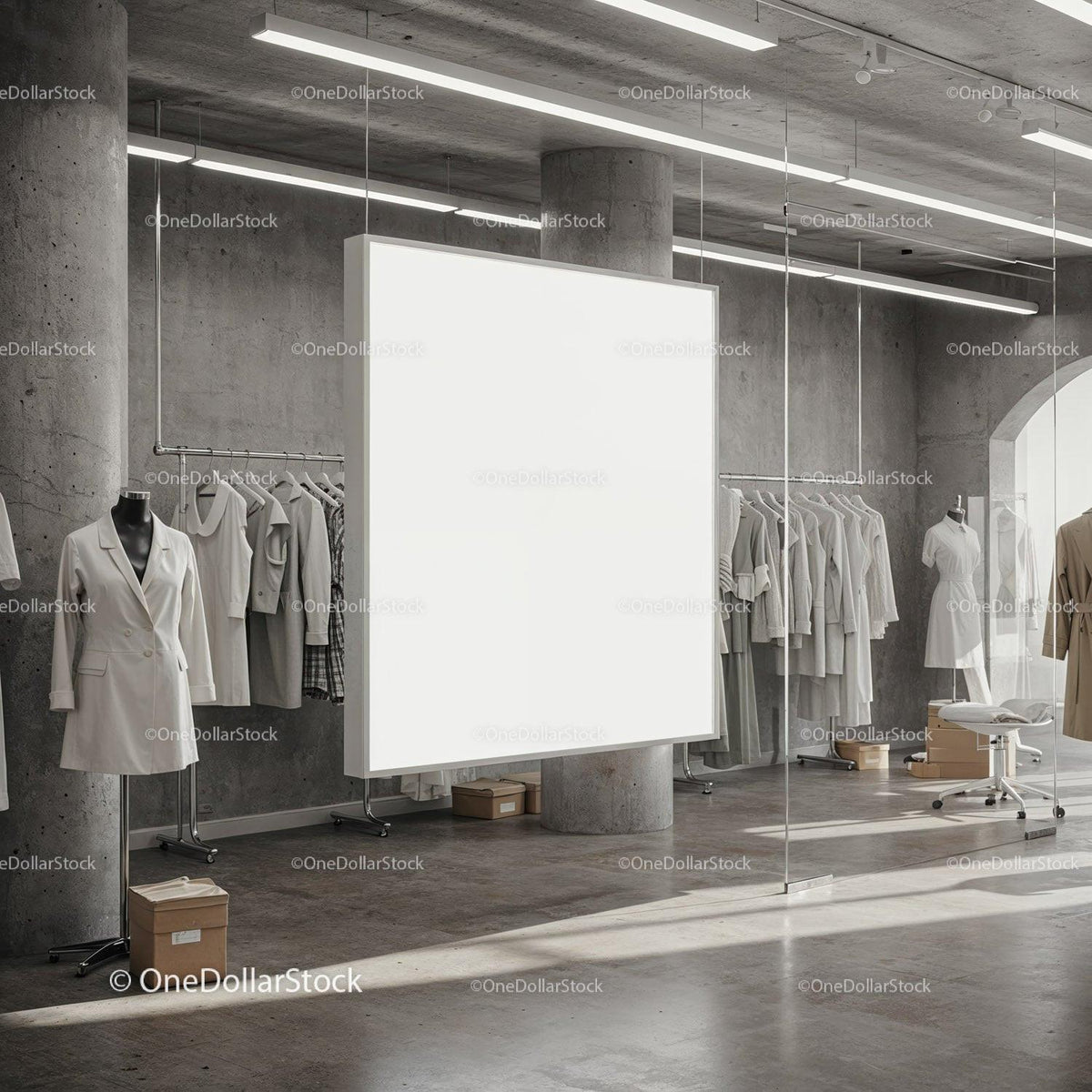 Minimalist fashion showroom with neutral clothing display JPG Mockup Image preview