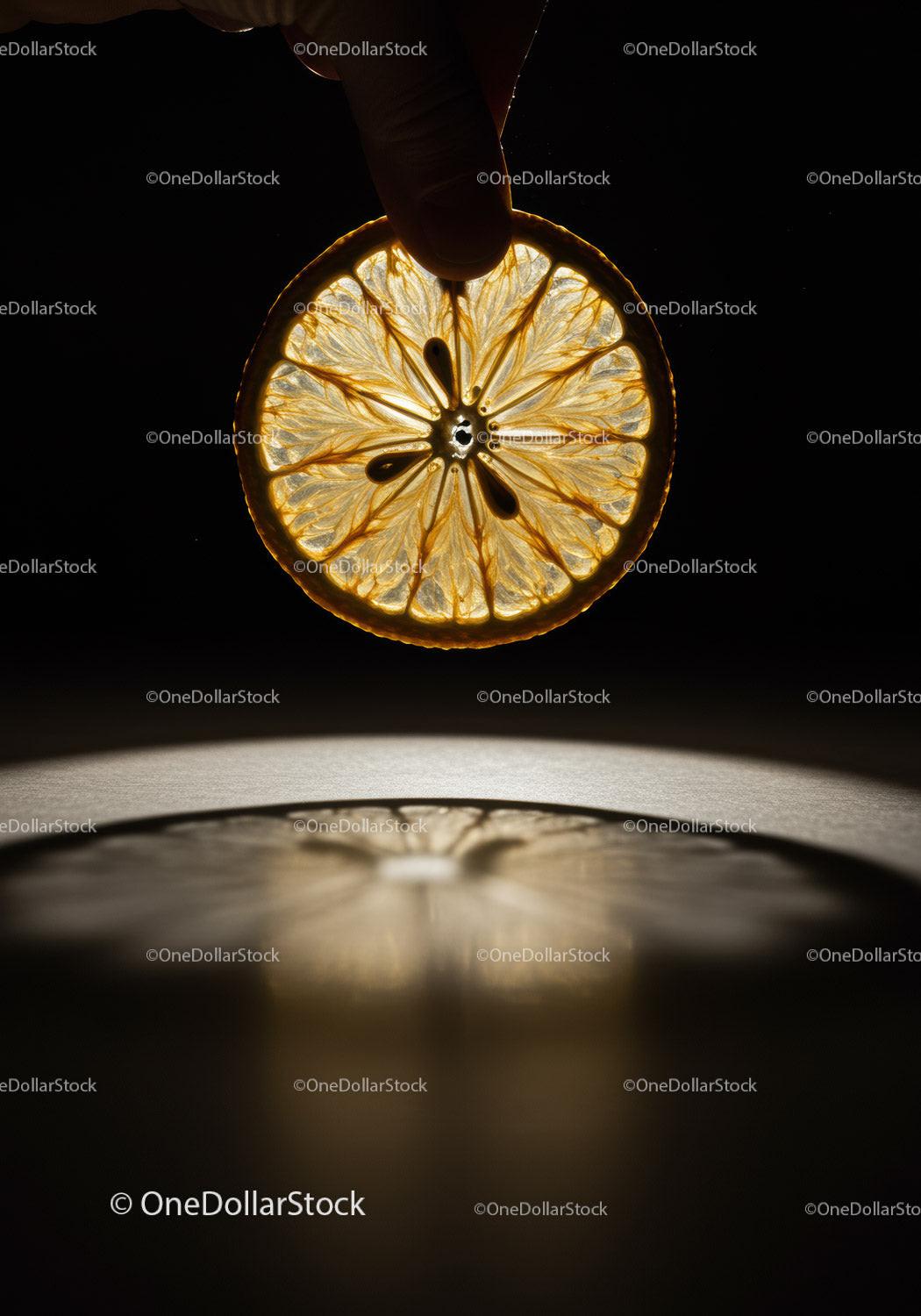 Backlit dried lemon slice casting soft shadow