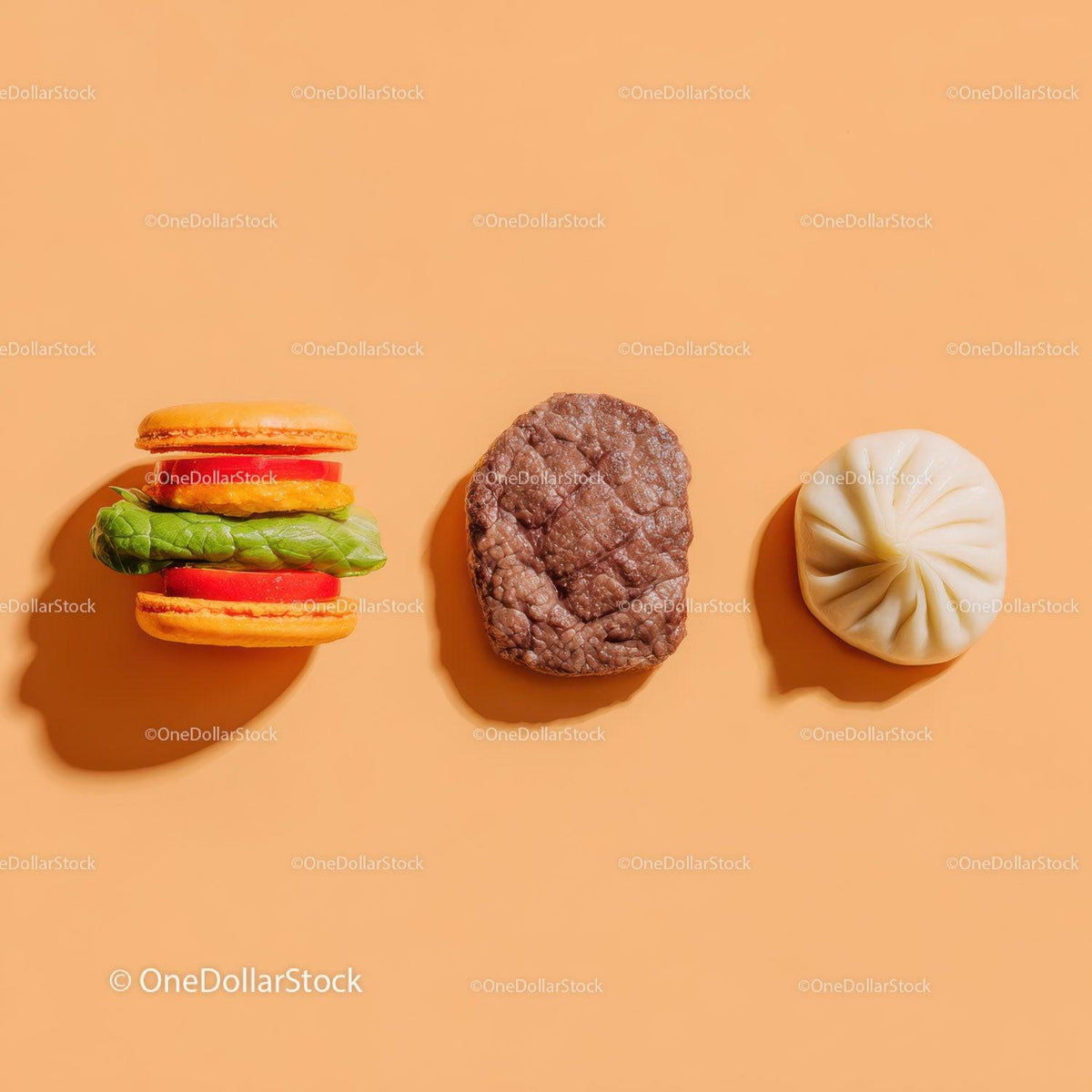 Gourmet Burger with Lettuce and Tomato Next to Grilled Steak and Dumpling Stock Photo Bundle preview 21