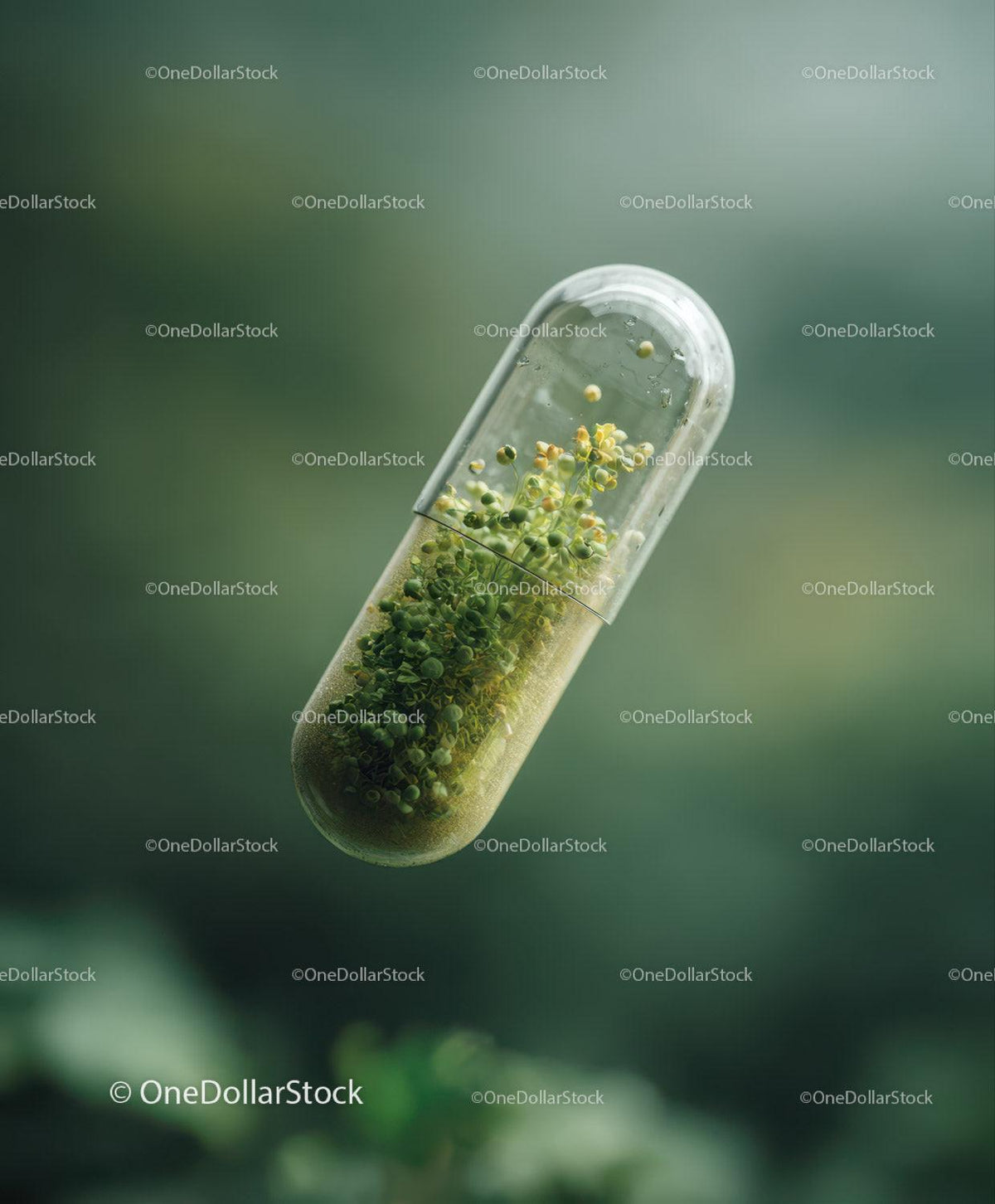 Transparent capsule filled with green plant parts and moss against green blurred background