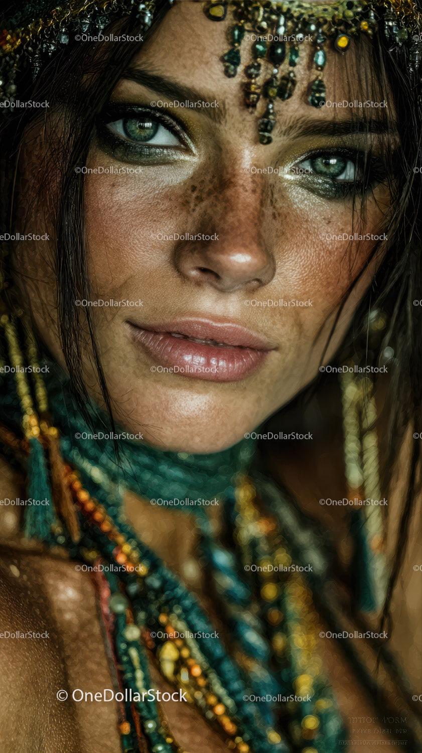 Striking Tribal Woman with Beaded Jewelry and Artistic Makeup