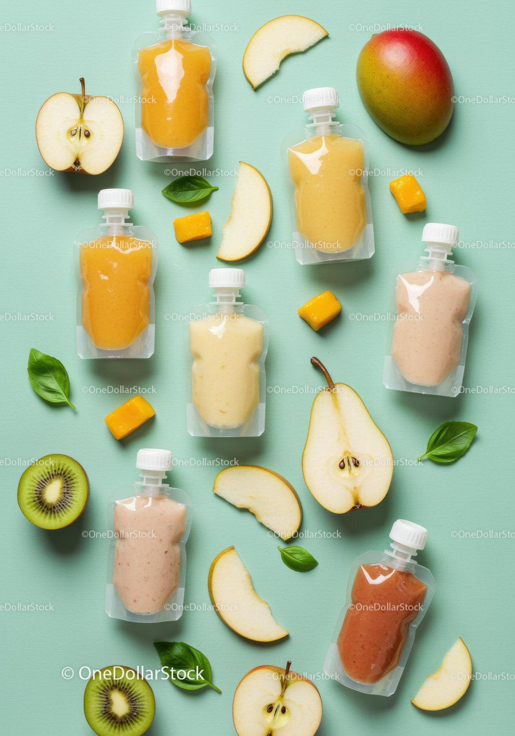Assorted fruit purees in squeezable pouches with fresh fruit