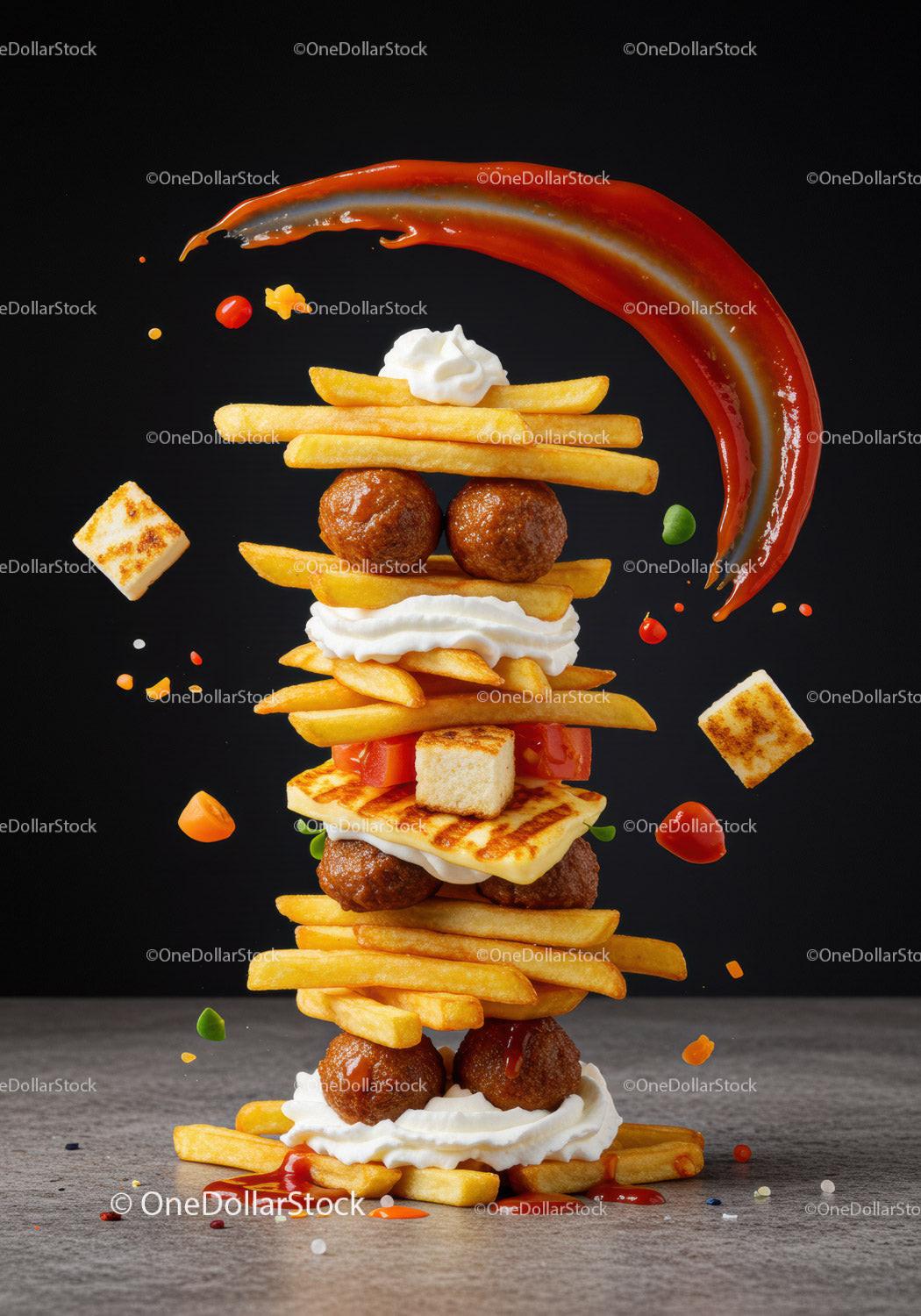 Creative Stack of French Fries with Meatballs and Sauce