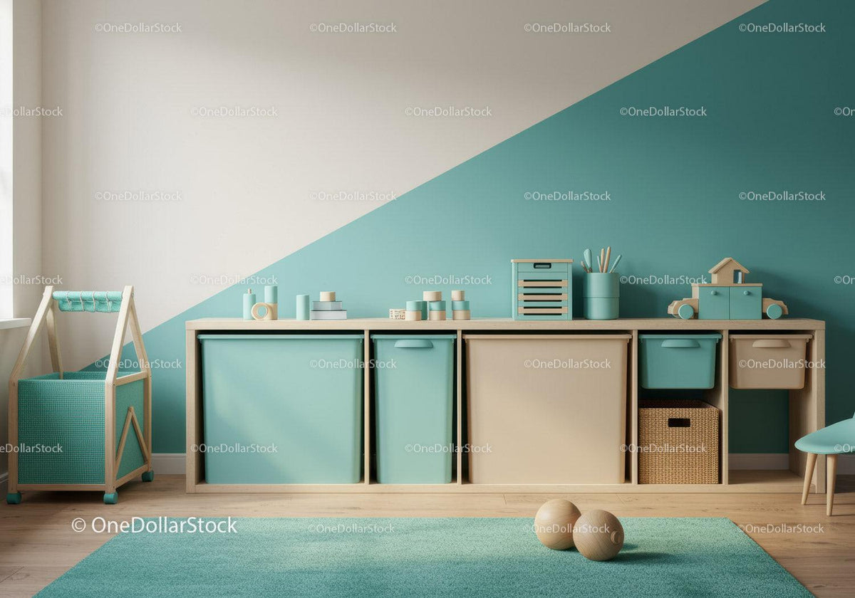 Stylish Kids Room with Turquoise and Beige Storage Cabinets and Toys