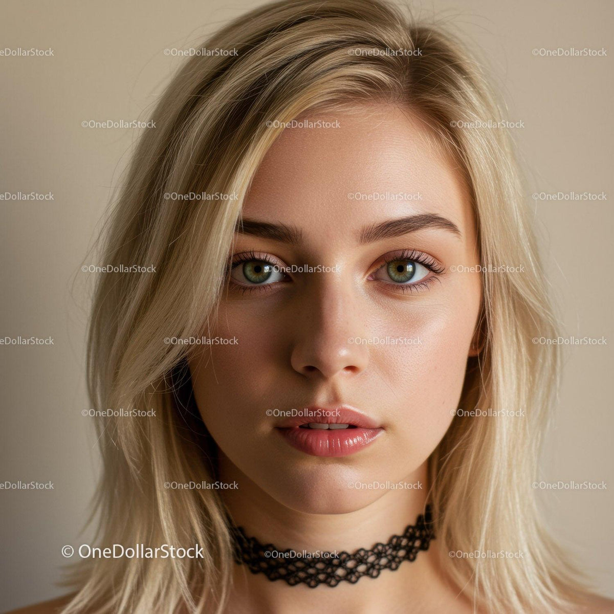 Young Blonde Woman with Green Eyes and Black Lace Choker Portrait