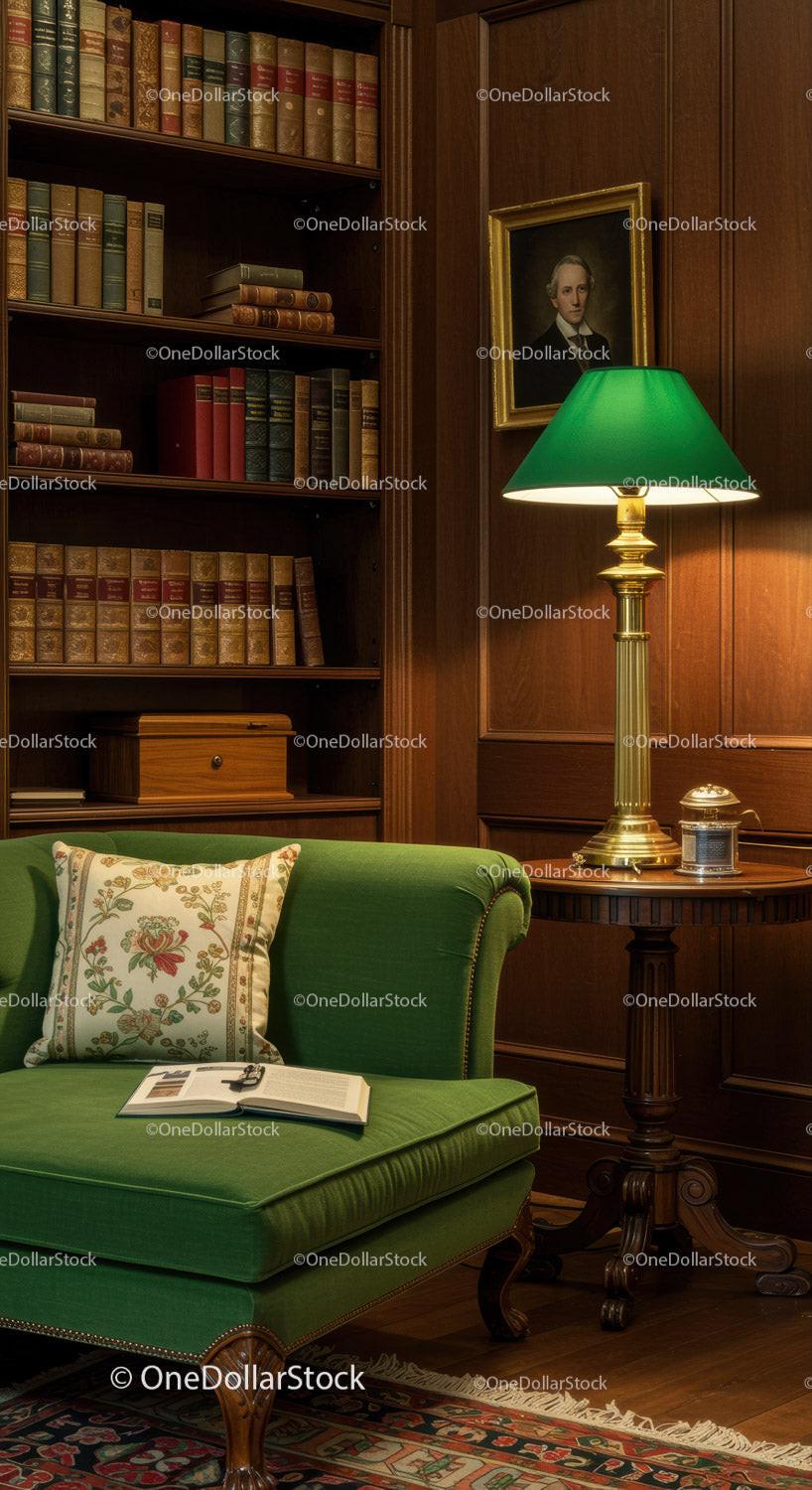Cozy Classic Library Corner with Green Velvet Sofa