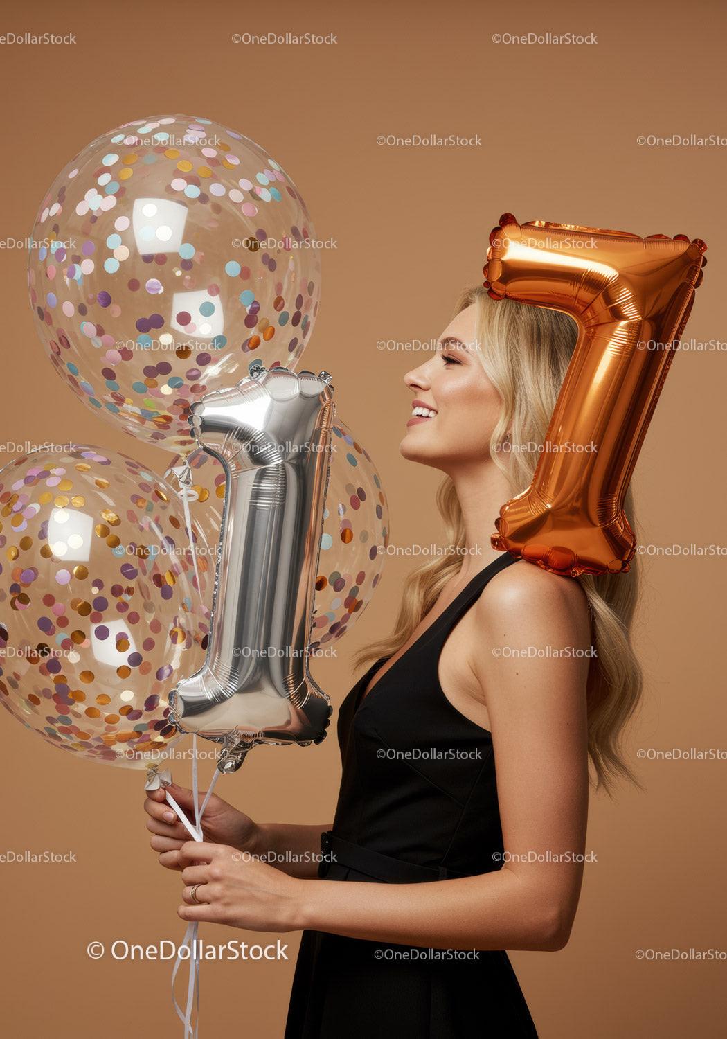 Smiling woman celebrating anniversary with balloons