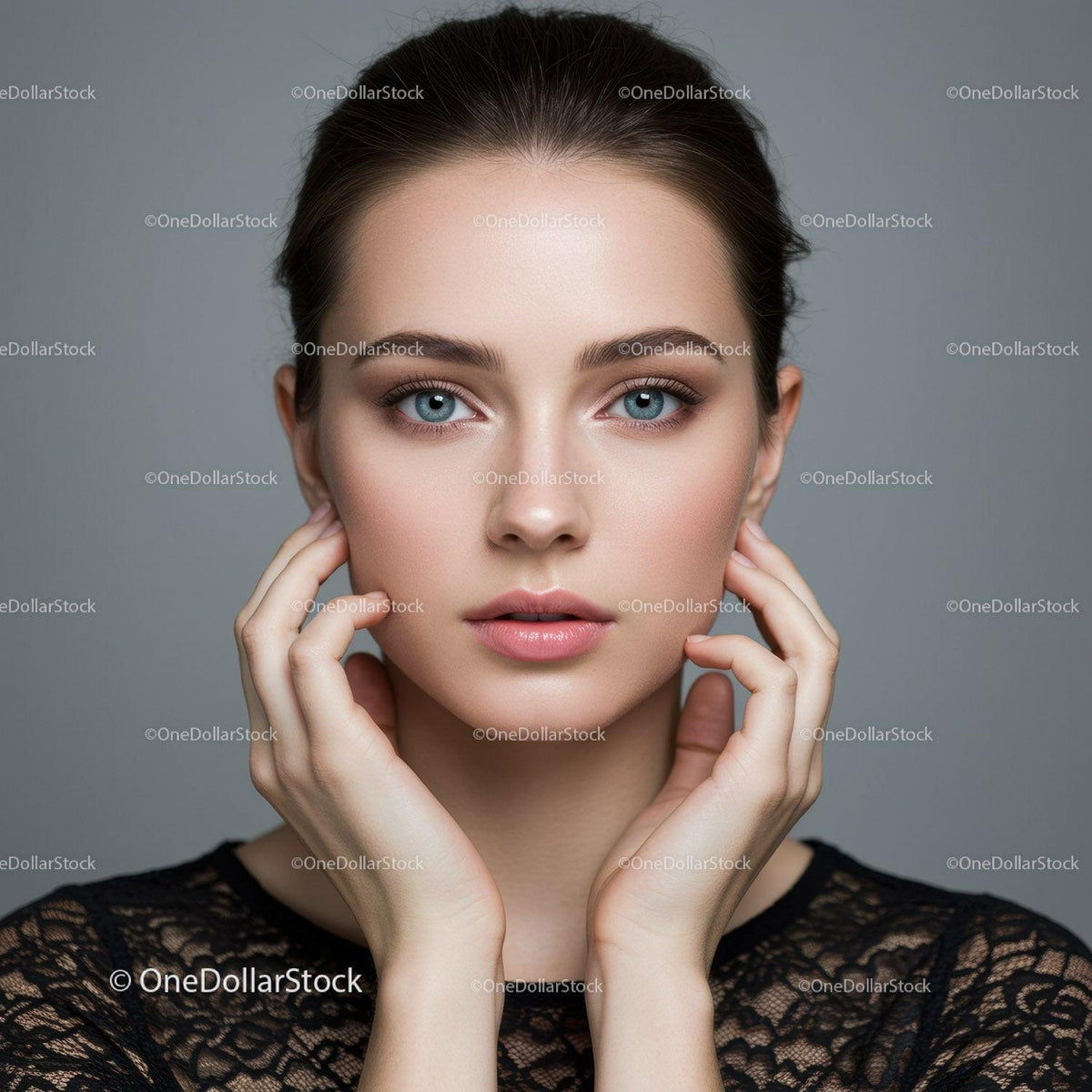 Close-up Portrait of a Young Woman with Blue Eyes and Natural Makeup