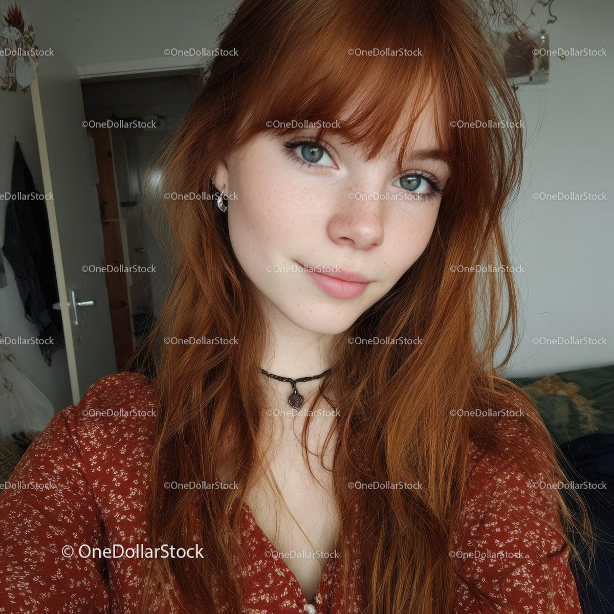 Portrait of a Young Woman with Red Hair and Blue Eyes in Casual Outfit