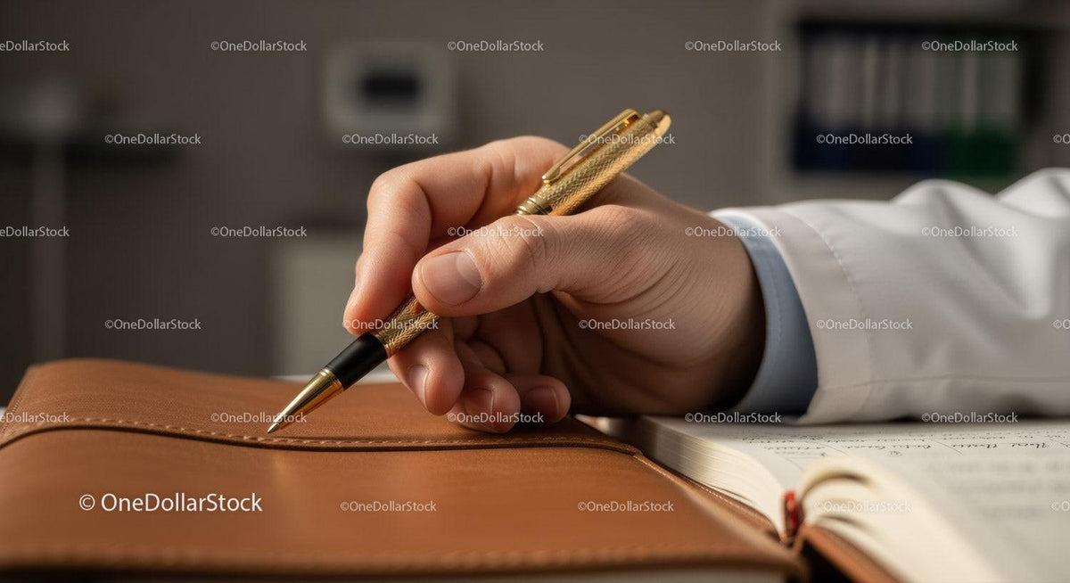 Close-Up of Hand Writing with Gold Pen on Leather Notebook in Office