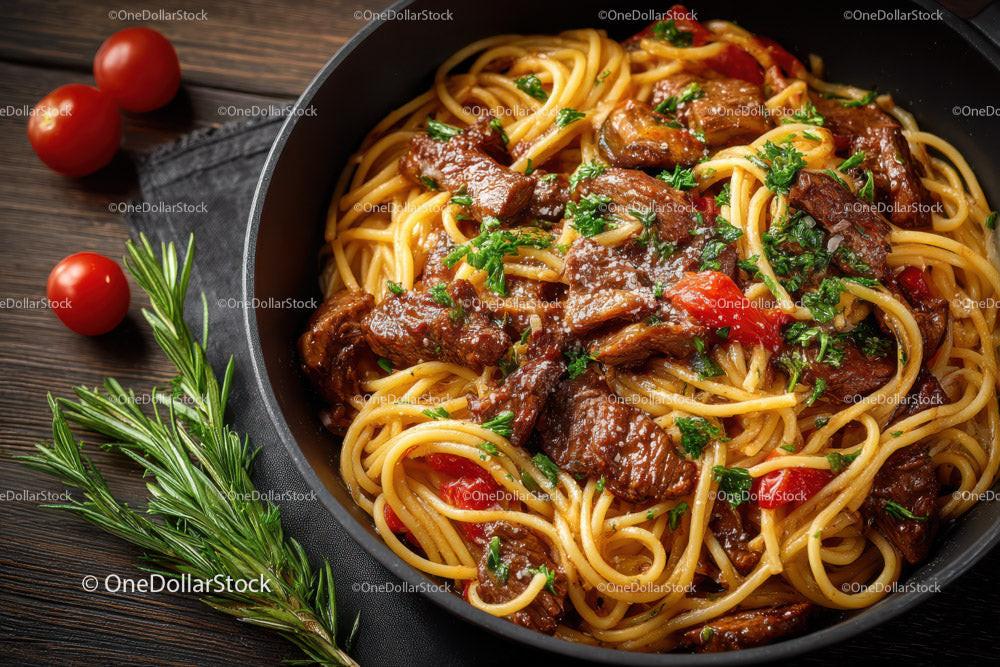 Beef and Mushroom Pasta in a Cast Iron Skillet with Cherry Tomatoes Stock Photo Bundle preview 6