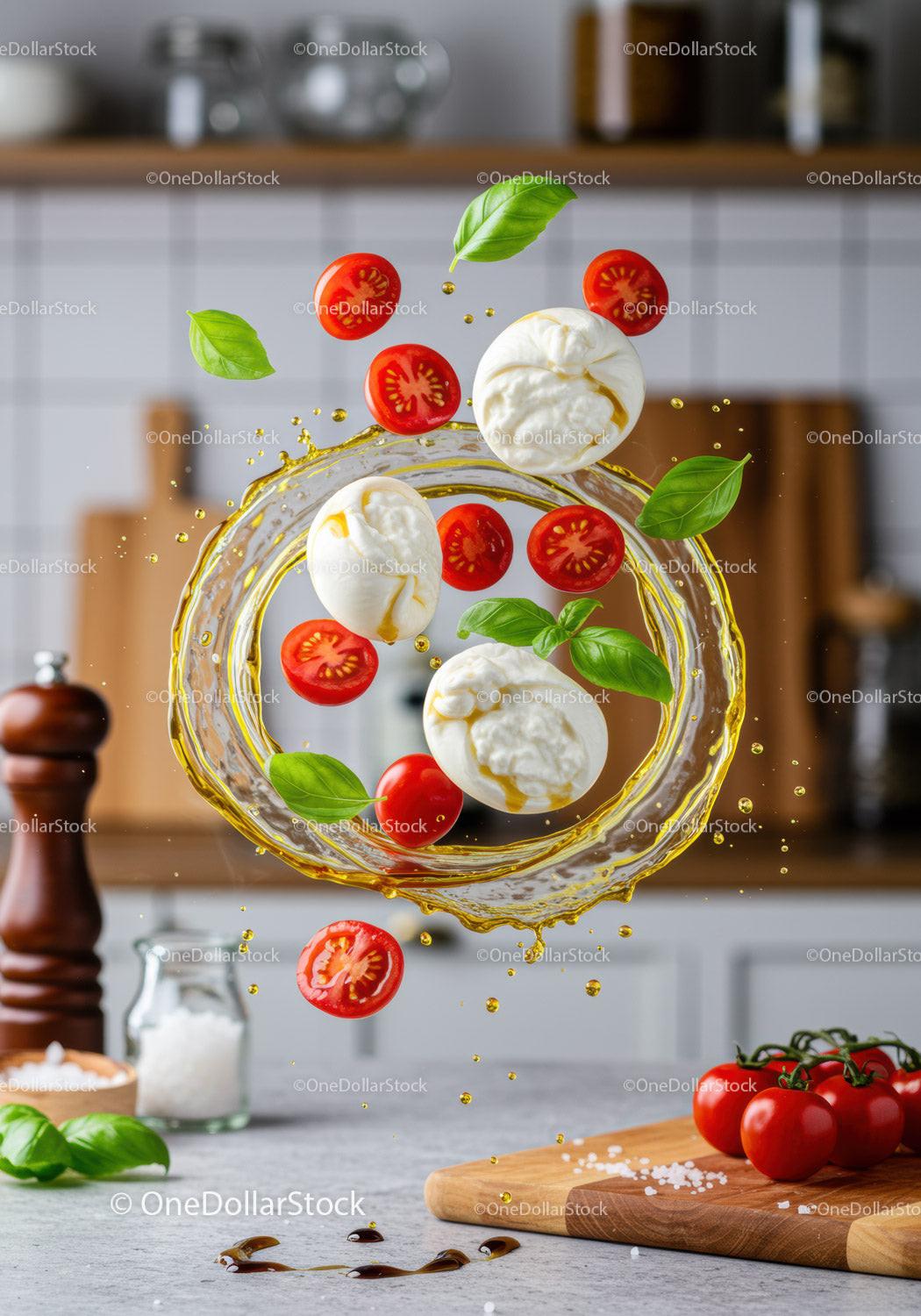 Fresh mozzarella with cherry tomatoes and basil leaves