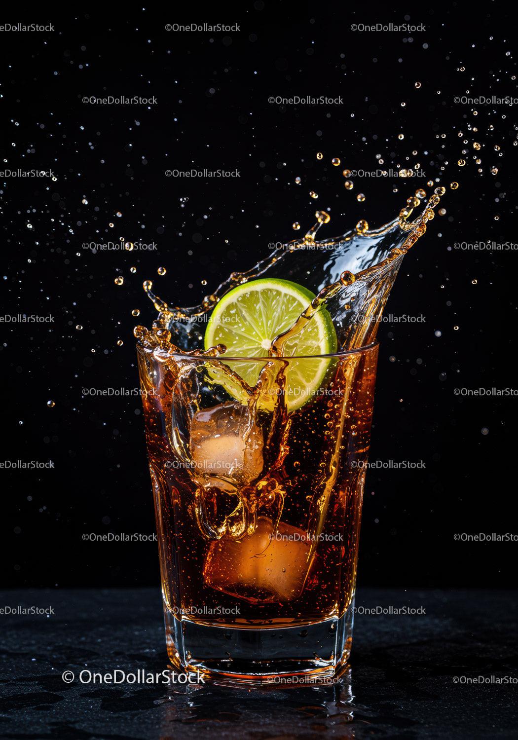 Refreshing cola drink with lime slice and ice splash